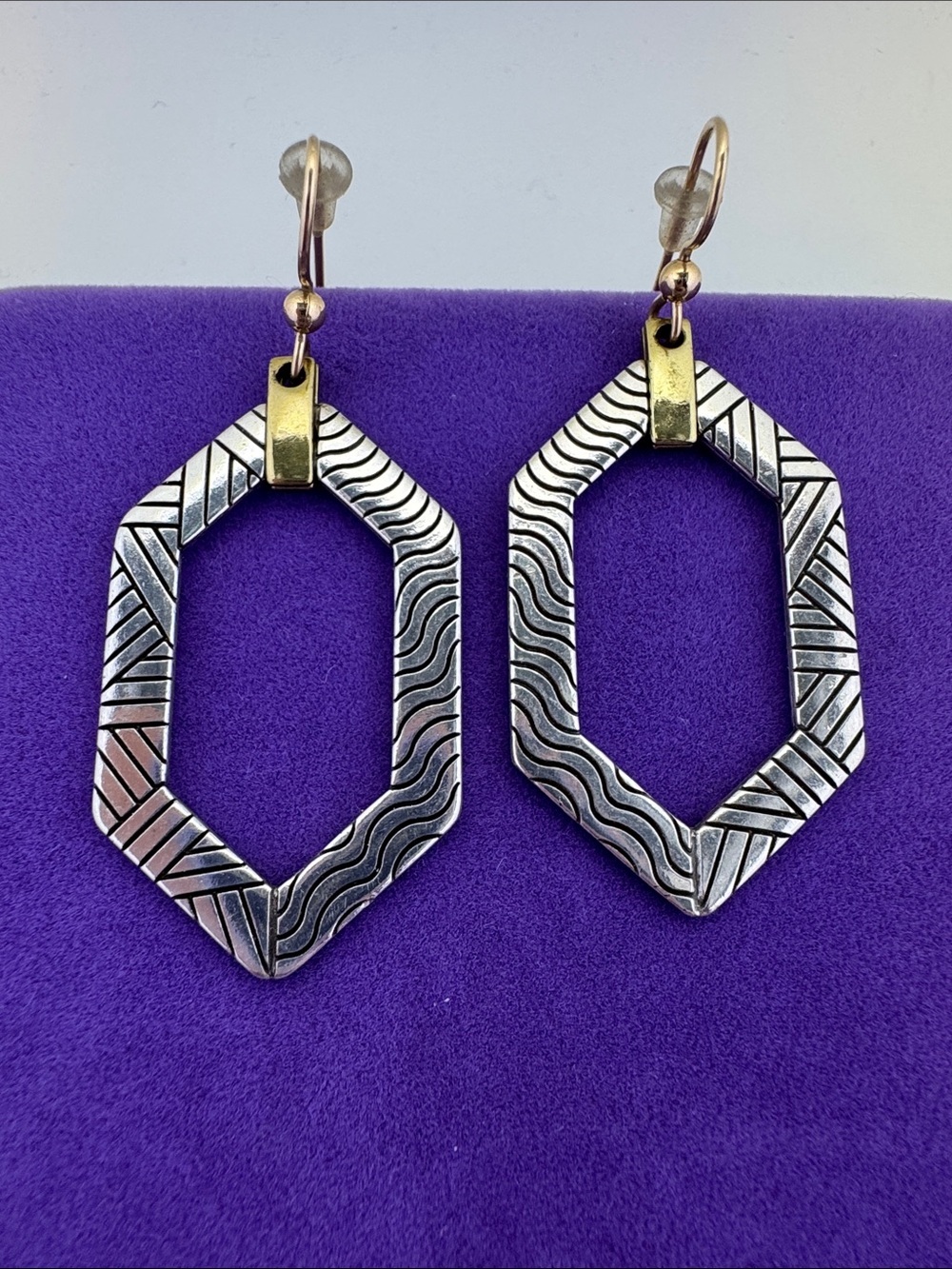 💛 Classic Silver & Gold Tone Geometric Octagon Drop Earrings | Never Worn